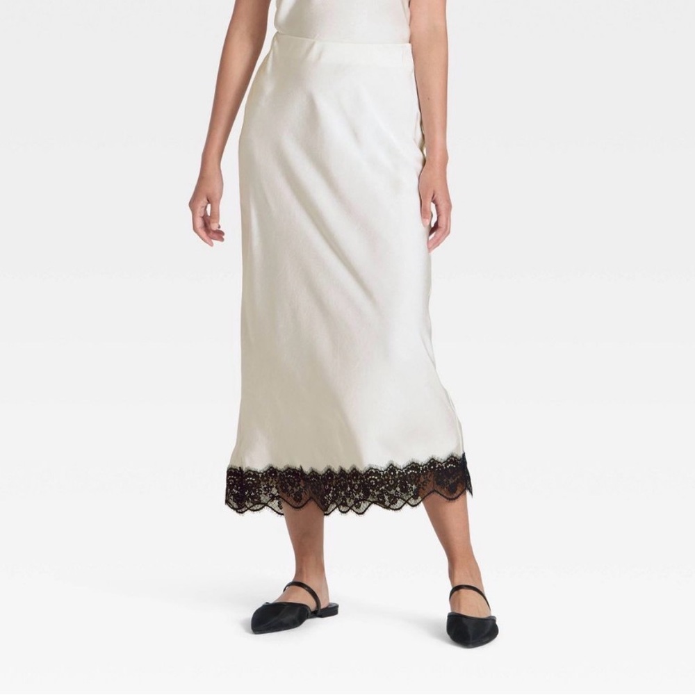 a new day Cream Maxi Skirt with Black Lace Hem